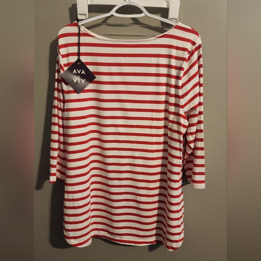 Ava & Viv Red and White Striped Slim Fit 3/4 Sleeve Tee